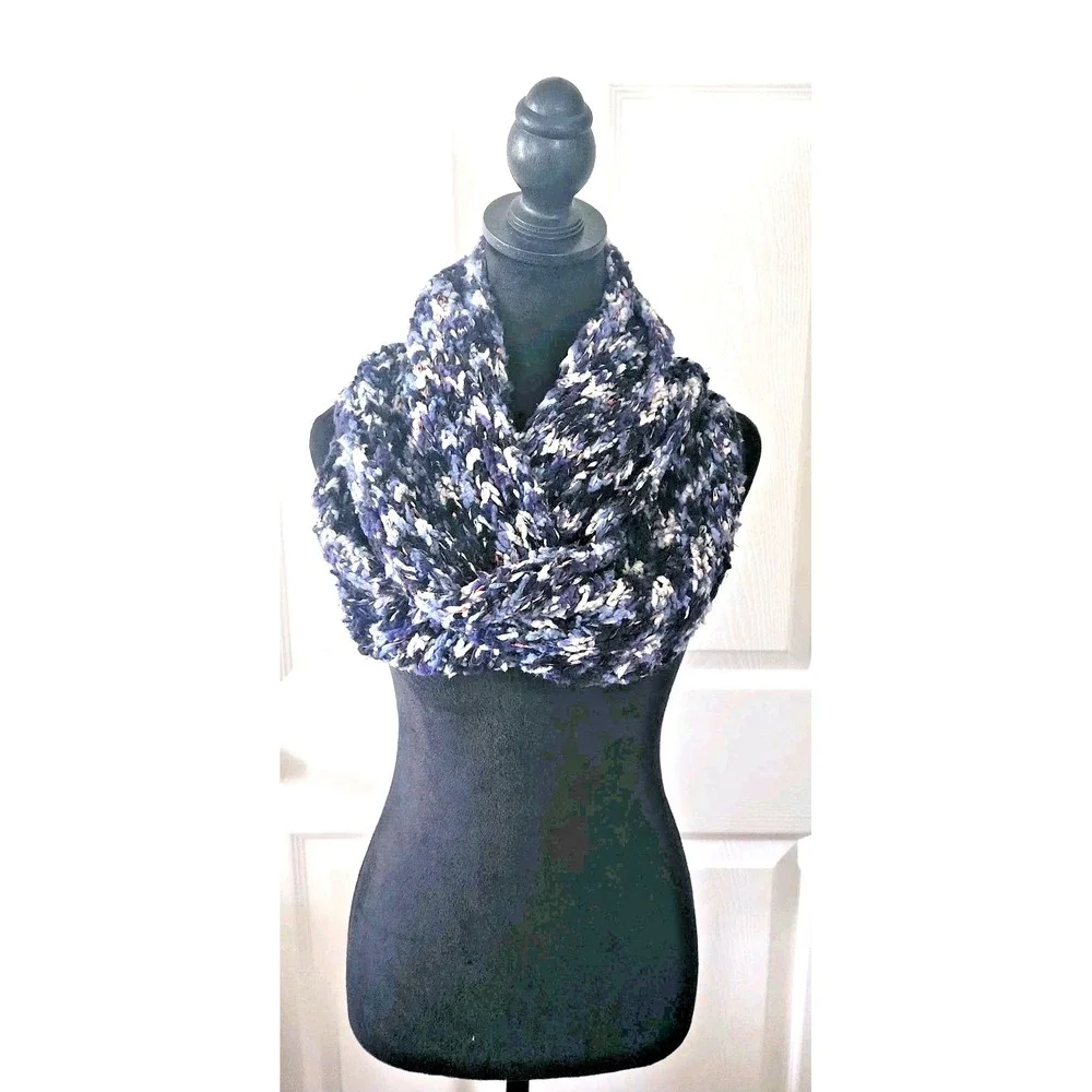 Crocheted Chunky Blue Multicolor Infinity Scarf Length 34